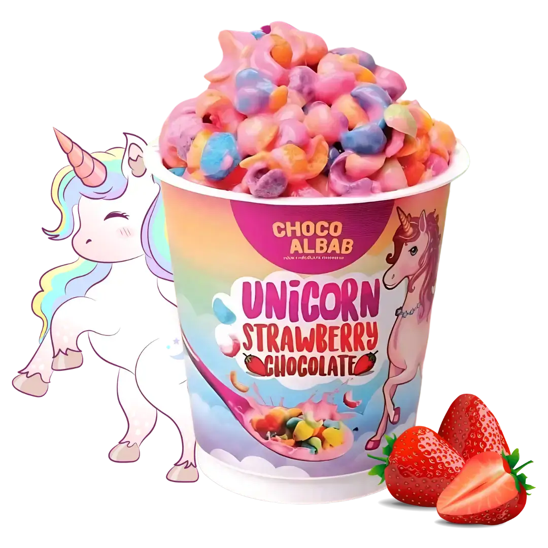 Unicorn Strawberry Chocolate Choco Albab dengan bijirin berwarna-warni dan strawberi